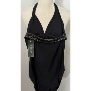 NWT Lauren Ralph Lauren One Piece Halter Swimsuit Sz 8 Black With Gold Studded